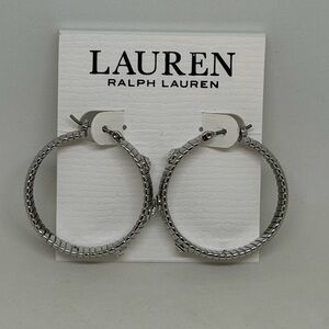 NEW Lauren Ralph Lauren Silver Tone Ribbed Hoop Earrings w/ Crystal Accents Gift